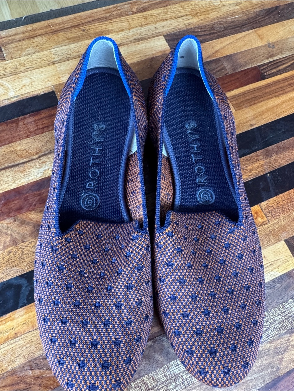 Rothy's women’s Knit Slip-On Loafers in Brown and Blue Trim
